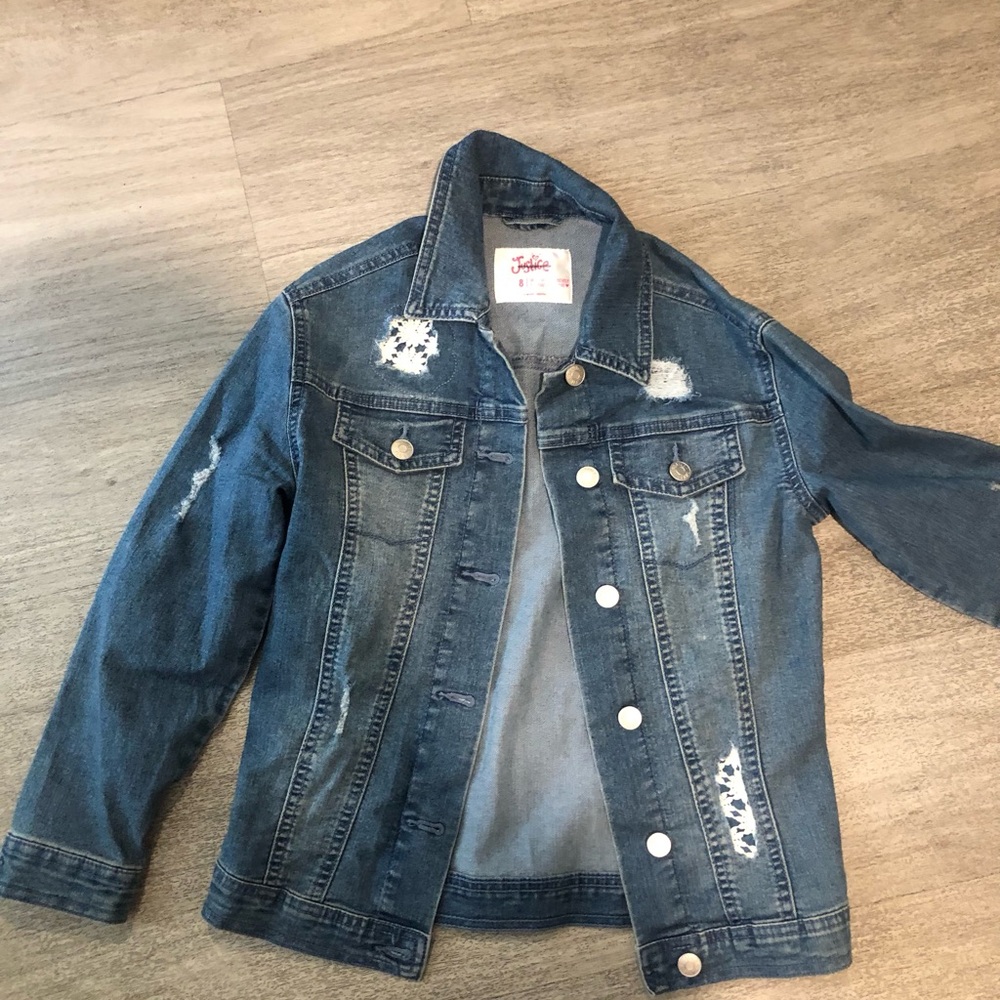 Justice Blue Collared Button Up Long Sleeve Distressed Denim Jacket Size 8